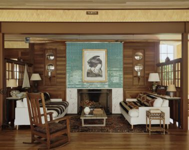 The wood-clad central hall of Kligerman’s Weekapaug family retreat