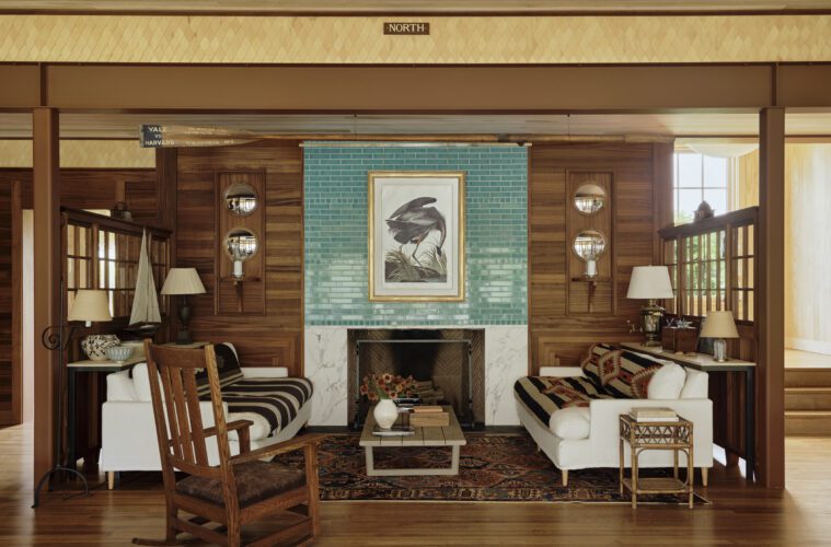 The wood-clad central hall of Kligerman’s Weekapaug family retreat