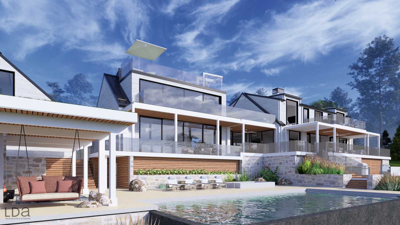Rendering of the in-progress oceanfront compound with tiered terraces, pergolas, and a pool