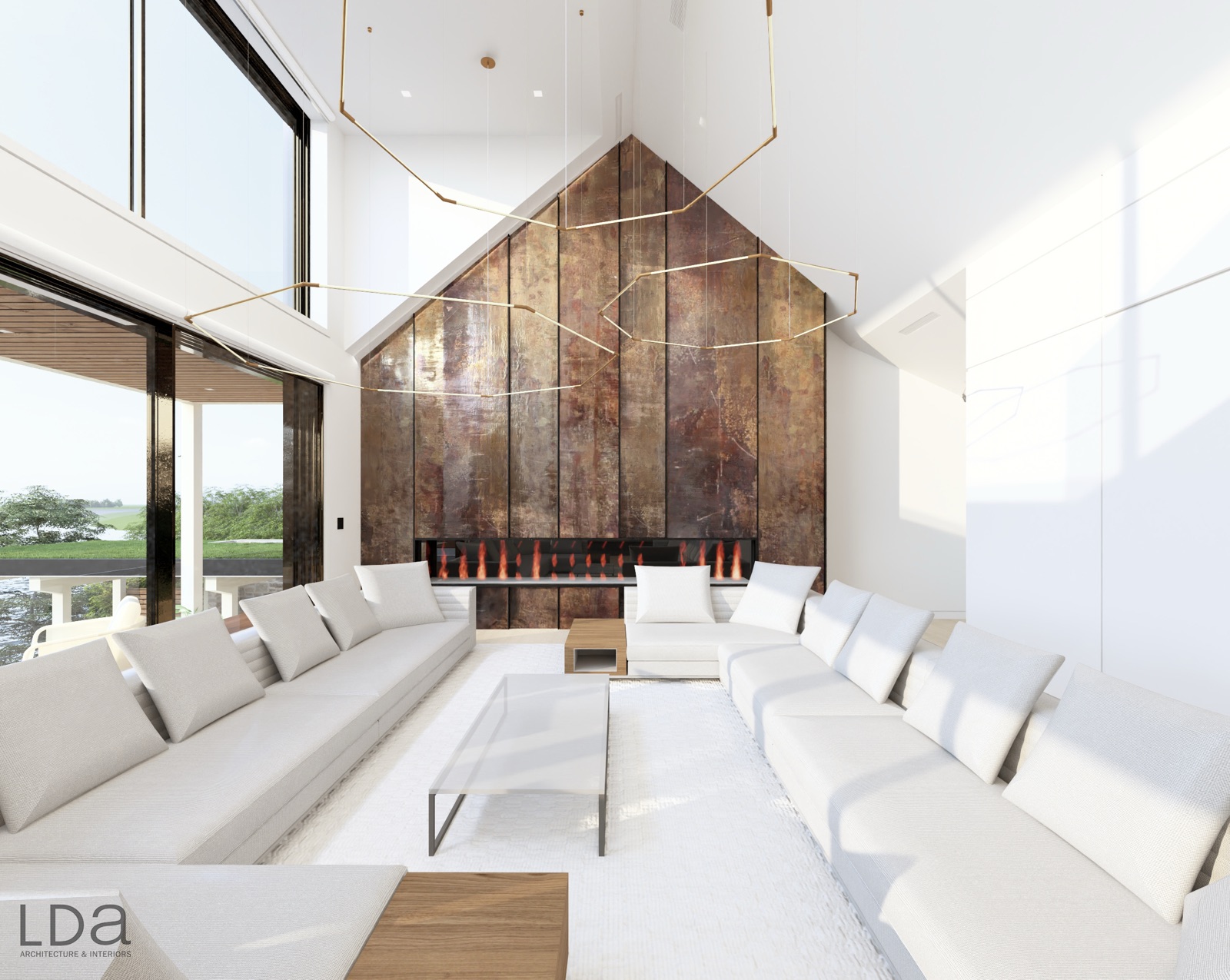 Rendering of the in-progress living room with a metal-clad fireplace wall under a peaked ceiling