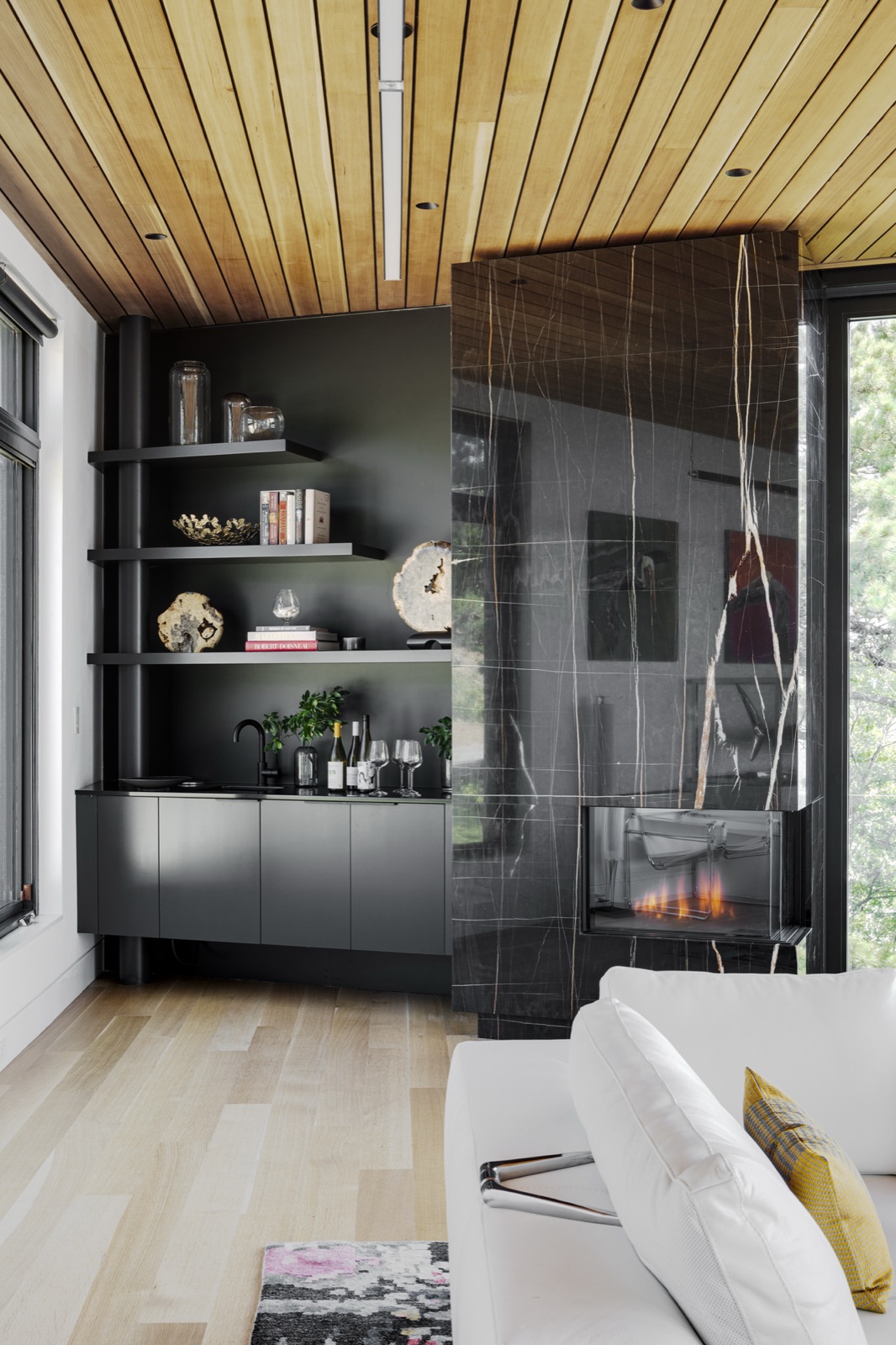 Living room bar at Miter Point beside the corner fireplace