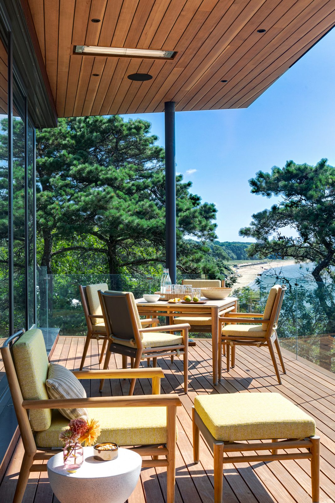 Covered waterfront deck at Miter Point overlooking the harbor
